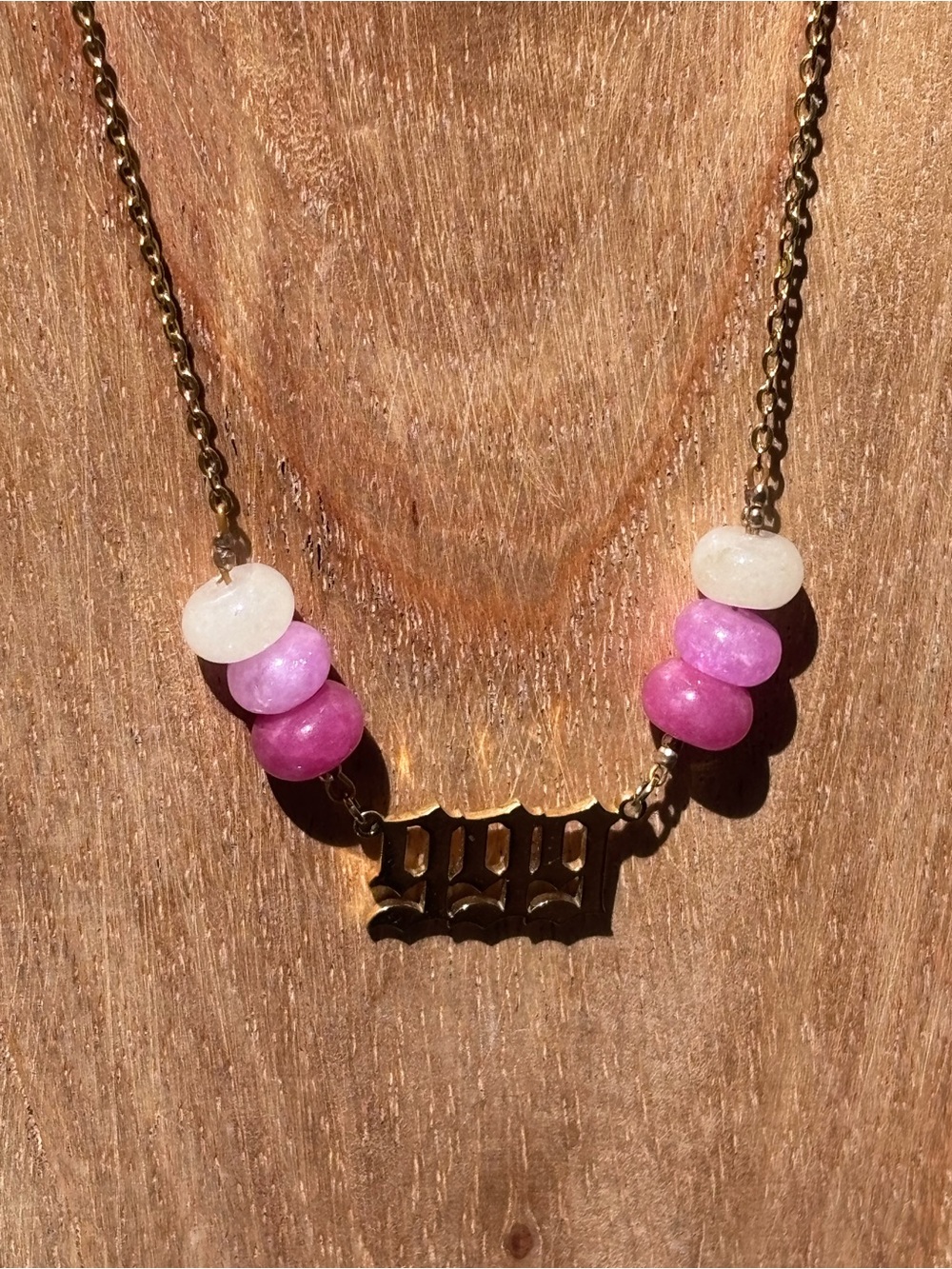 Handmade Vintage 999 Angel Number and Pink Stone on Gold Tone Necklace